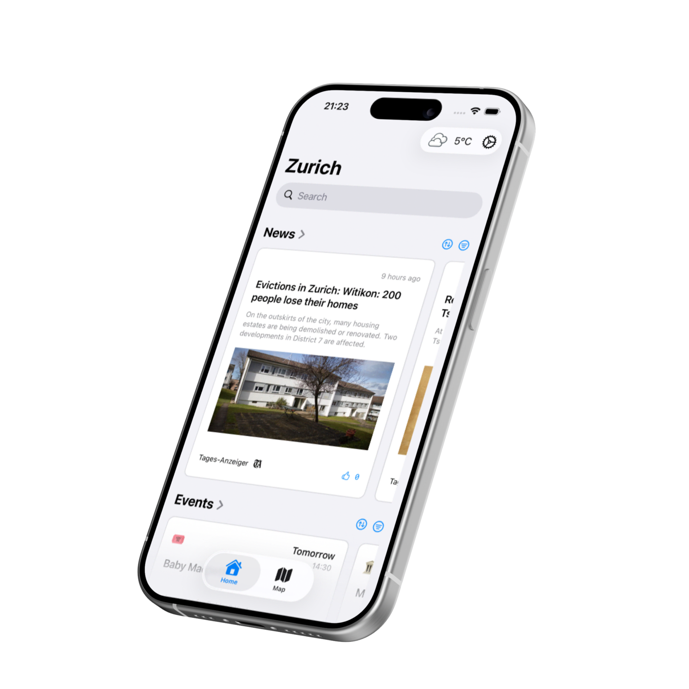 CasaZurich app: nearby locations, events and map views on iPhone